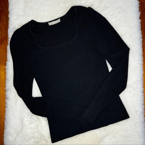 Everlane The Square Neck Long Puff Sleeve Ribbed Knit Sweater Top Black Small - Picture 5 of 9